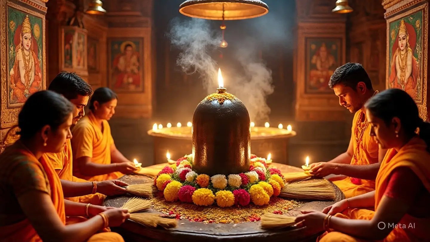 devotees placing new brooms as offerings in